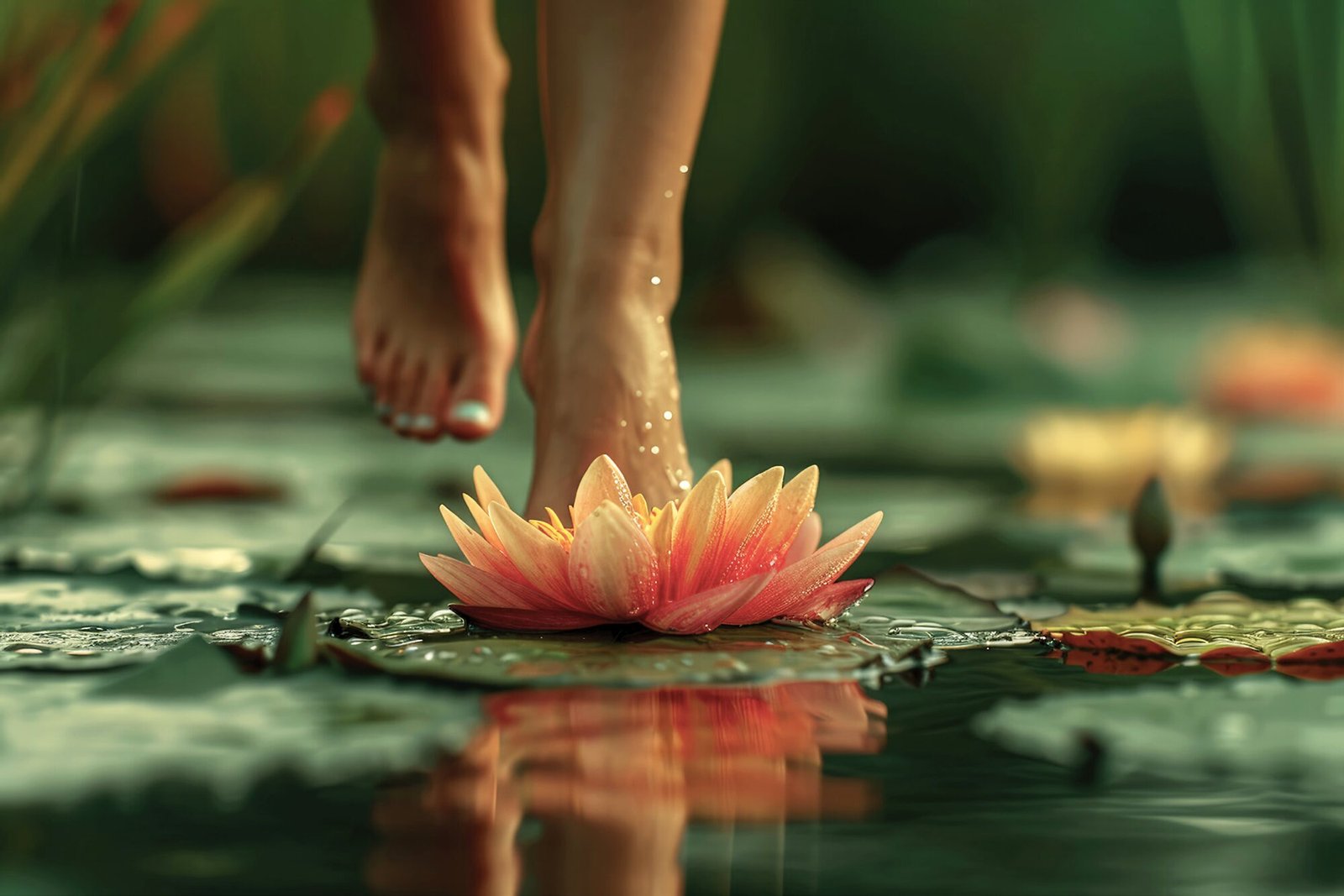 Serene water feature with lotus and natural stone