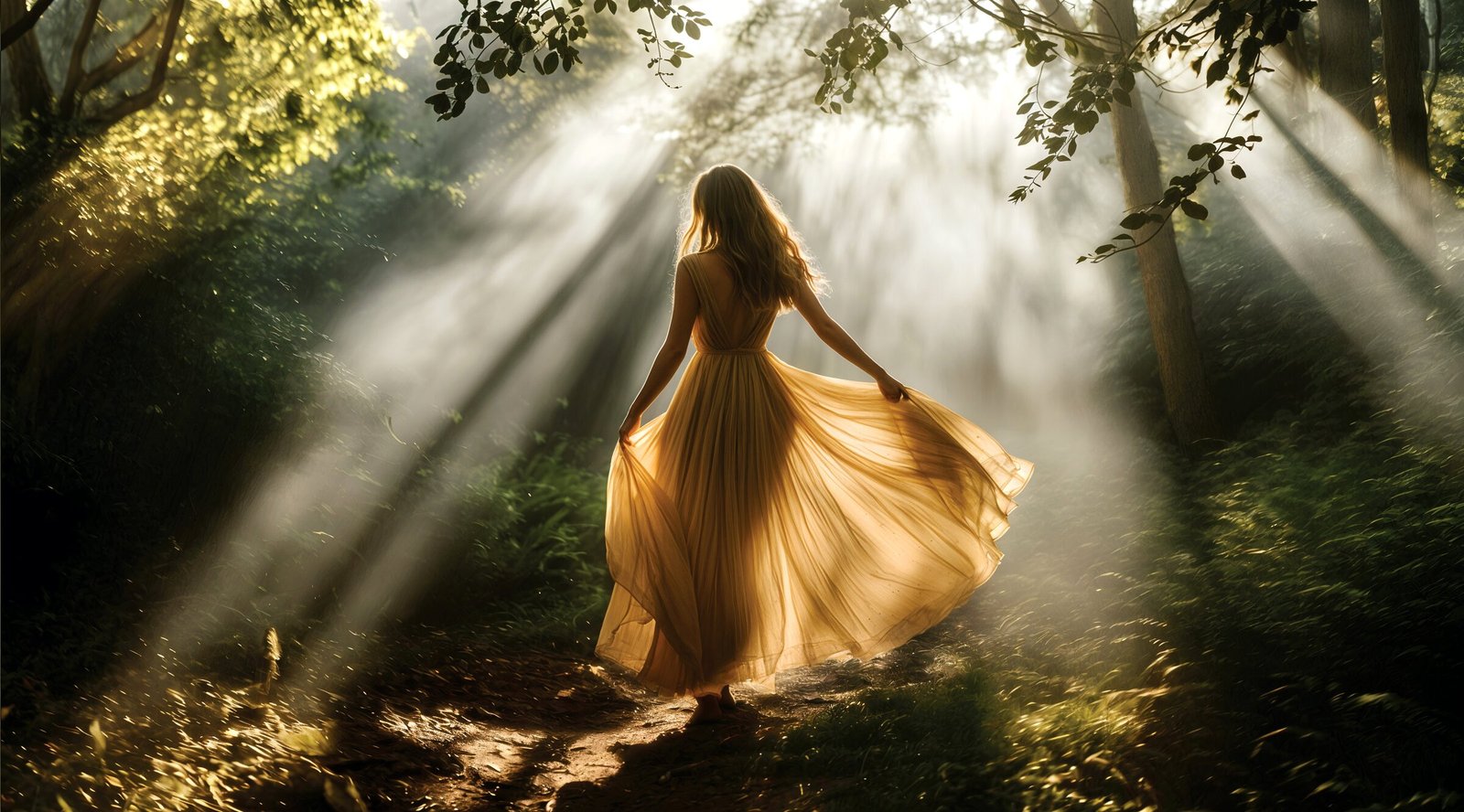 An elegant figure moving through soft, sunlit nature