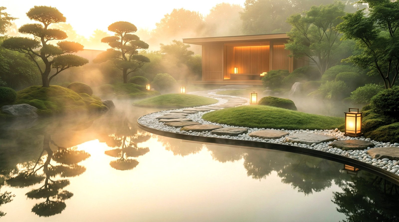 A misty golden-hour garden with still water, lanterns and lush greenery